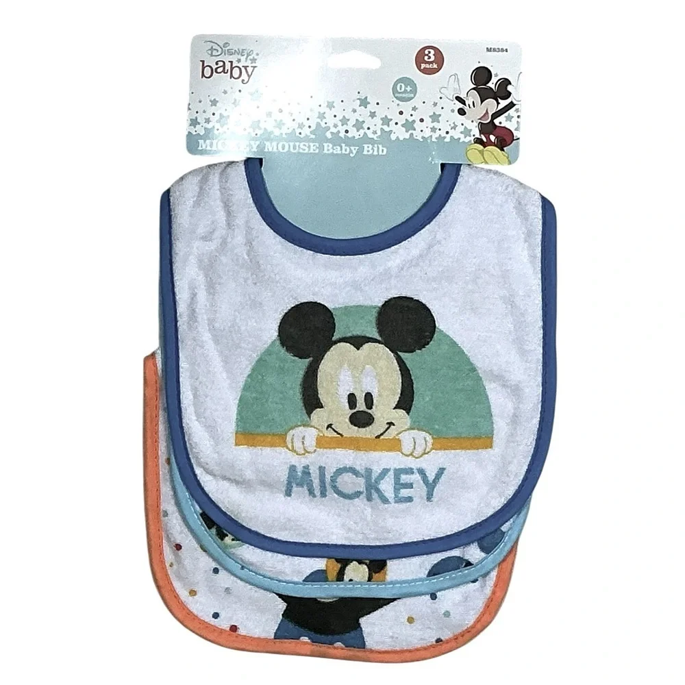 Disney Mickey Mouse Baby Bibs Absorbent Terrycloth VeIcro Closure 3 Pc 0-18 mo
